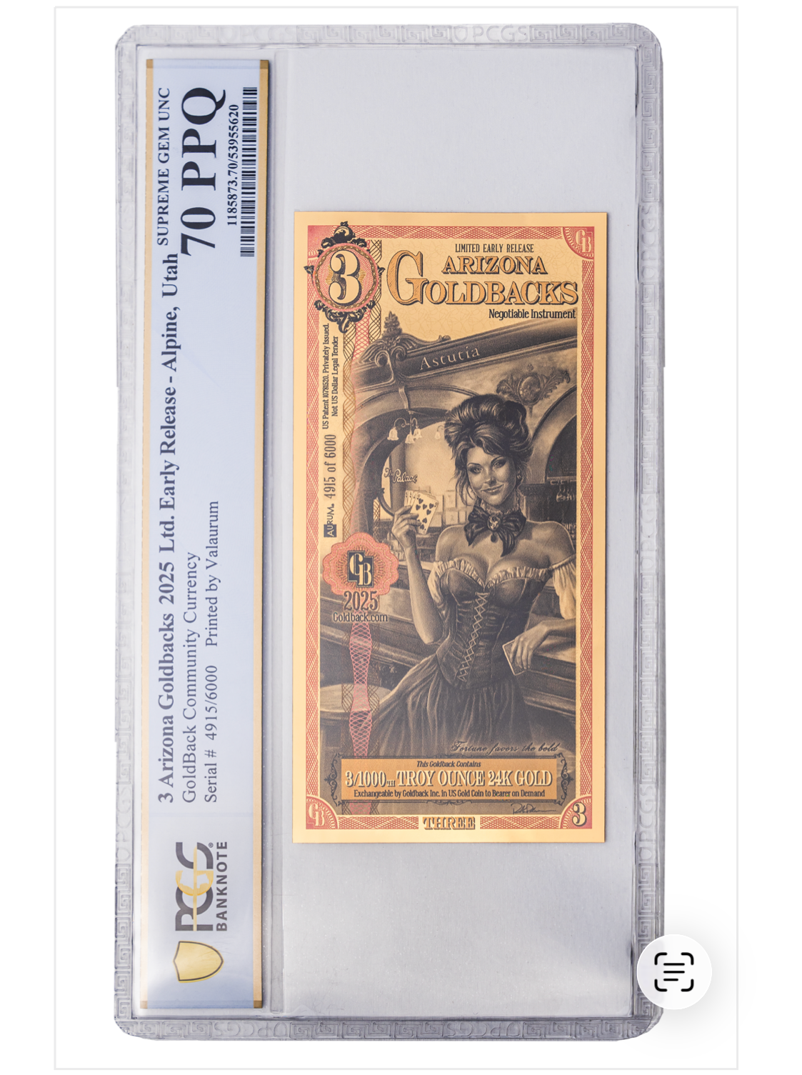 Arizona Goldback 3 Limited Early Release - Graded PPQ 70 - Collector's Edition